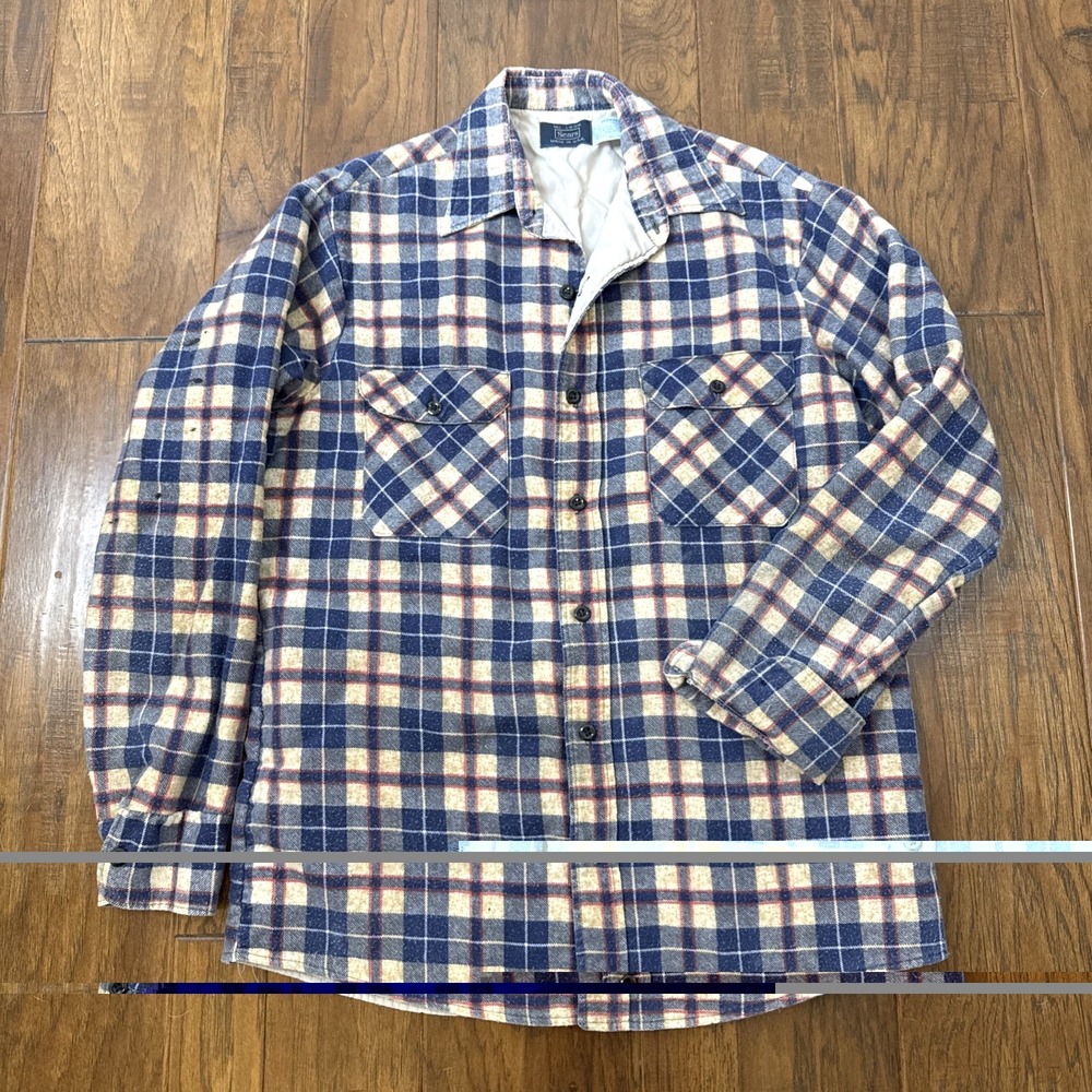 VINTAGE Sears 70s Shacket Shirt Quilted Lined Flannel Plaid Jacket Tall L USA